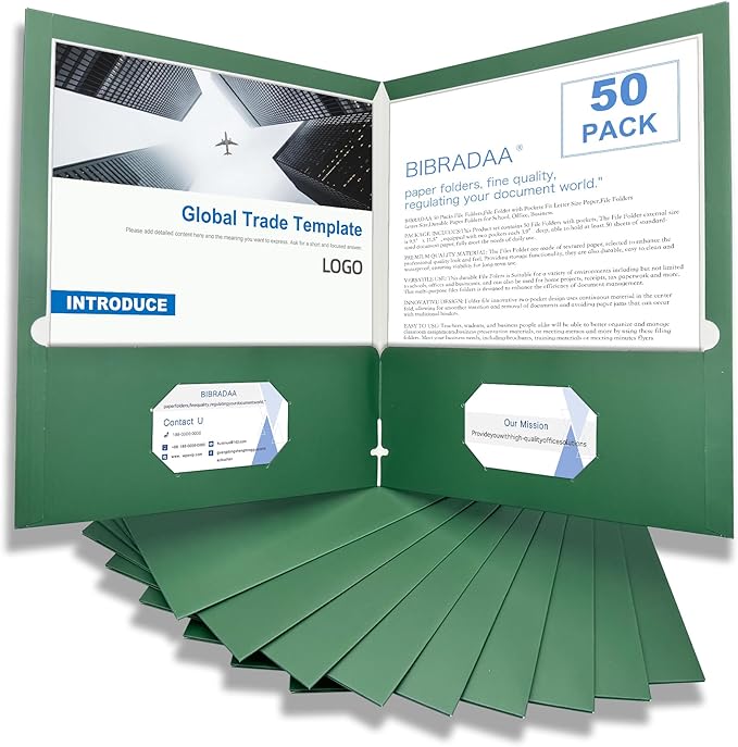 BIBRADAA® 50 Packs Dark Green Pocket Folders,Paper Folder Surface with Waterproofing,Letter Size,Holds 100 Plus Sheets,for School,Office,Business. (50, Dark Green)