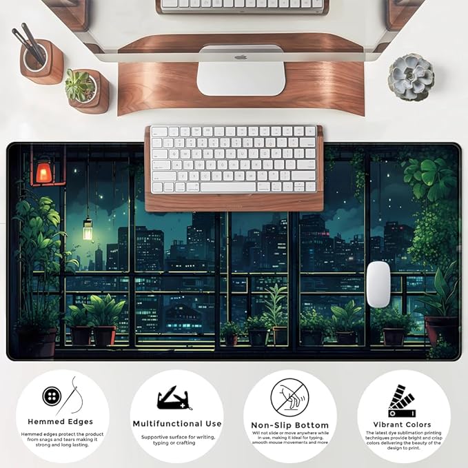 Extended Army Blue Desk Mat Window Plant Bonsai Green Animes Pad Large Mousepad Gaming XL Computer Mat Office Decor for Women Large Desktop Mat Laptop Keyboard Mousepad for Desk 31.5x15.8in