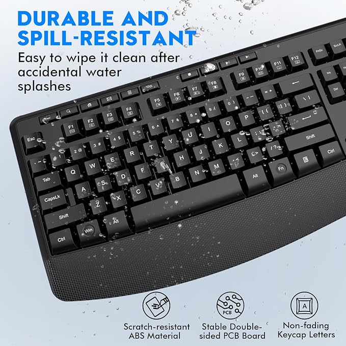 Wireless Keyboard and Mouse Combo, E-YOOSO 2.4GHz Full Sized Ergonomic Wireless Keyboard with Wrist Rest, 3 DPI Adjustable and 6 Buttons Cordless USB Mouse for Computer, Laptop, PC, Windows (Black)