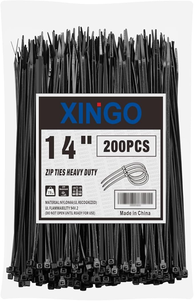 XINGO 14 Inch Black Zip Ties 200 PCS, 75 LBS Tensile Strength, UV Resistant Cable Ties, Premium Self-locking Plastic Ties for Indoor and Outdoor Use