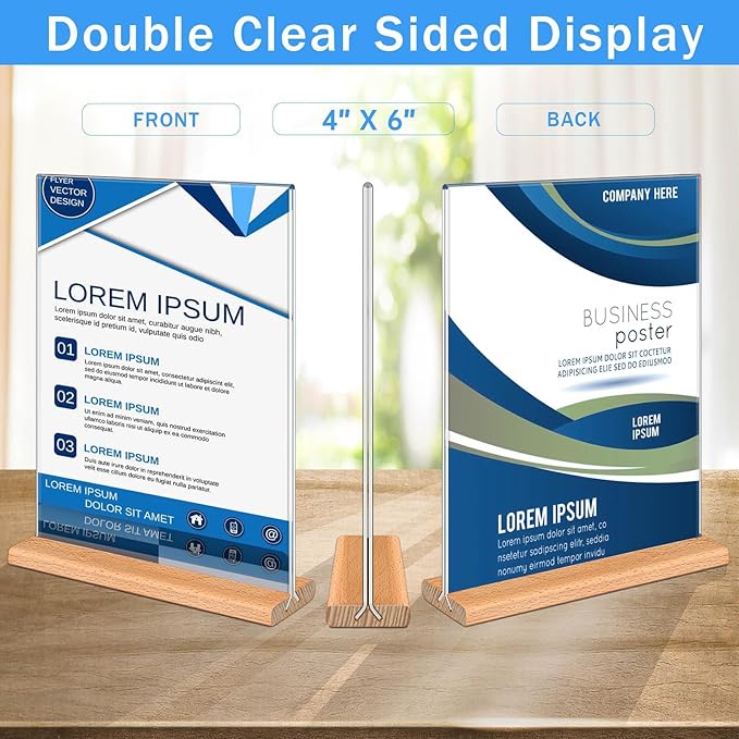 Kersally Acrylic Sign Holder 4 x 6,6 Pack Double-Sided Clear Vertical Table Display Stands with Wood Base, Acrylic Frame Menu Flyer Paper Holder for Stores, Restaurants, Hotels, Office, Show Fair