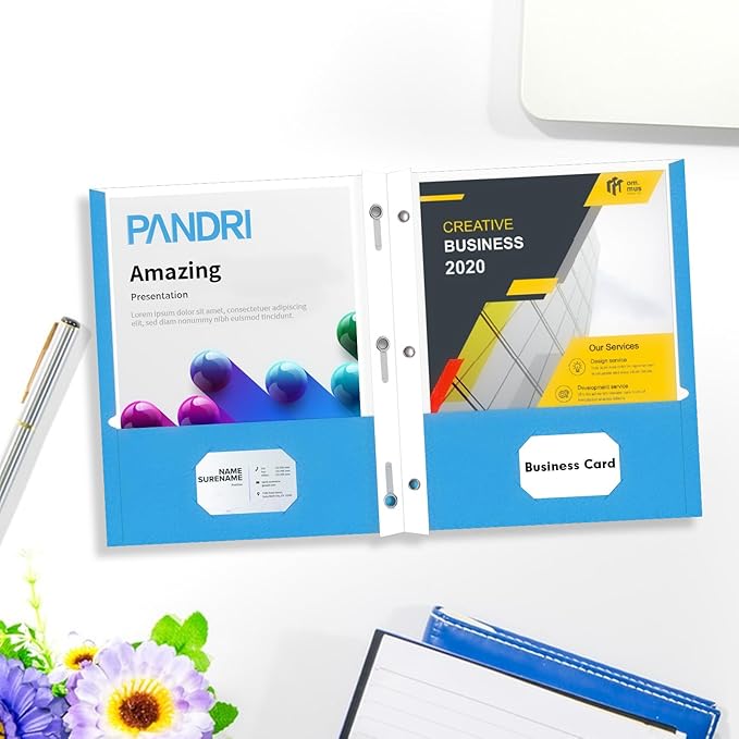 Two Pocket Folders, PANDRI 60 Pack Two Pocket Folders with Prongs, 3 Prong Folders Designed for Office and Classroom, Letter Size Lightblue