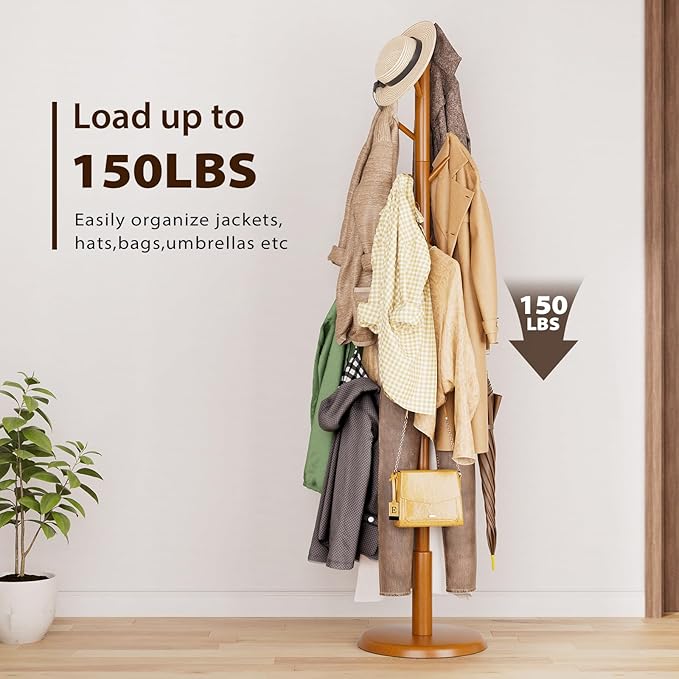 Solid Wood Coat Rack Freestanding Coat Tree with 10 Hooks for Bedroom, Livingroom, Entryway, Sturdy Coat Hanger Stand for Hats, Coats, Scarves, Handbags, Purses