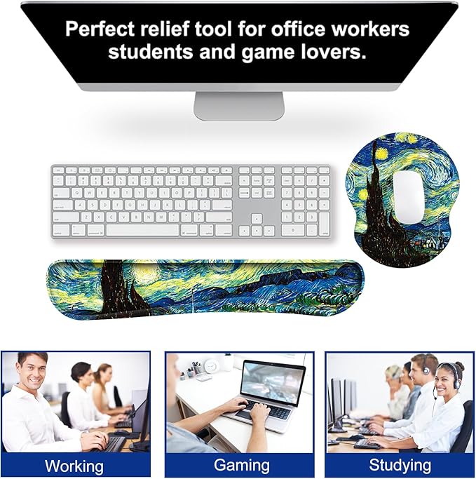 ARTSO Ergonomic Mouse Pad with Wrist Rest, Comfortable Keyboard Wrist Rest, Memory Foam Mousepad for Computer Keyboard, Mouse Pad Set for Easy Typing, Pain Relief, Starry Sky Oil Painting
