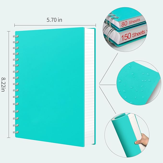 AHGXG Spiral Notebook - A5 Notebook College Ruled, Small 5.7" X 8.22", 300 Pages Thick Notebook Journal, 100GSM Lined Paper, Plastic Hardcover, for Work Office School Writing Notes, Lake Blue
