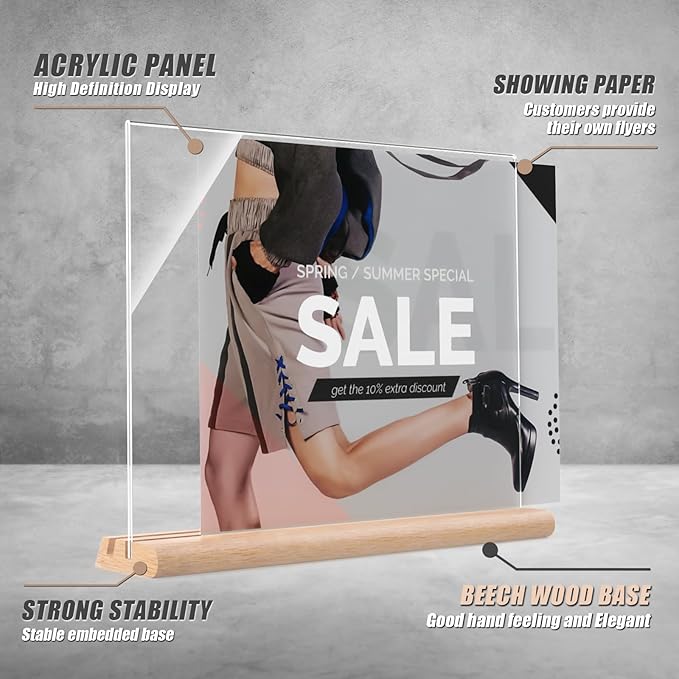 11 x 8.5Horizontal Acrylic Sign Holder with Combined L and T-Shaped Wood Base,High transparency table card stand for Ads, Menu, Picture,Welcome sign or other Flyer(3 packs)