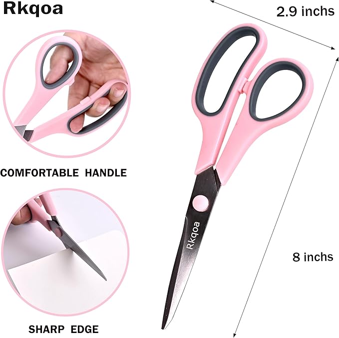 Black 6 Scissors Pack, Rkqoa 8" All Purpose Scissor - High Performance and Designed for Everyday use, Stainless Steel Shears Set with Comfort-Grip, Right/Left Handed