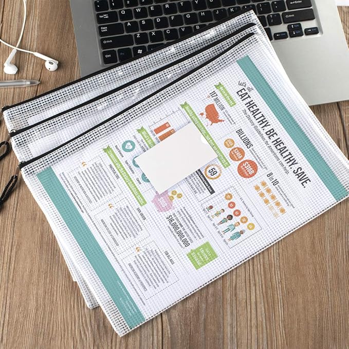 Sooez 20 Pack Mesh Zipper Pouch with Label Pocket, Plastic Zip File Folders, Letter Size A4 Zipper Document Bag for Teacher School Office Supplies, Classroom Organization, Board Game Storage，Black