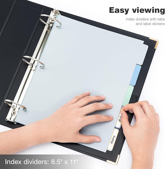 Ospelelf 3 Ring Binder, 2 Inch, Cute Letter Size (11" x 8.5") with 5 Tab Dividers, File Folder Labels and Low Profile Clipboards, Black for School and Office Supplies