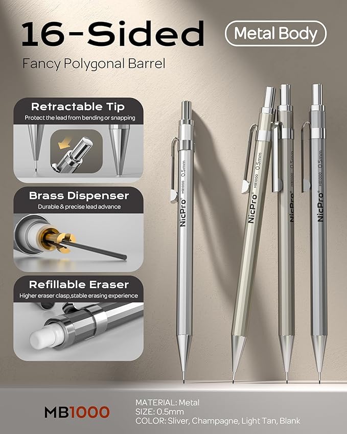 Nicpro 37PCS Art Mechanical Pencil Set, Metal Drafting Pencils 0.5 mm, 0.7 mm, 0.9 mm & 2mm Lead Pencil Holder (6B 4B 2B HB 2H 4H Colors) For Sketching Drawing With 20 Tube Lead Refills Eraser Case