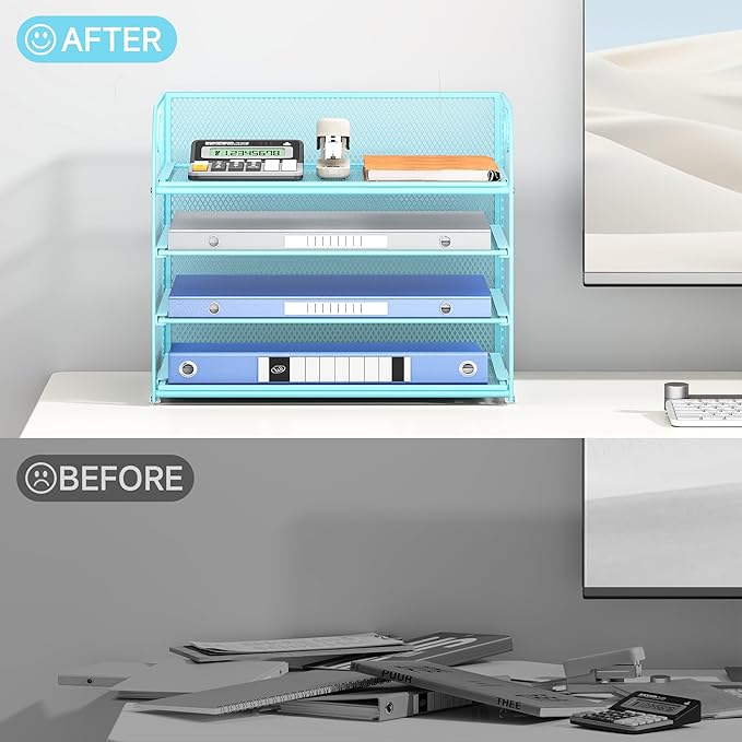 Lavatino 4-Tier Paper Organizer Trays - Blue Mesh File Folder Sorter with Handles, Desk Letter Holder Organizer for Office, Home, School Supplies Storage & Organization