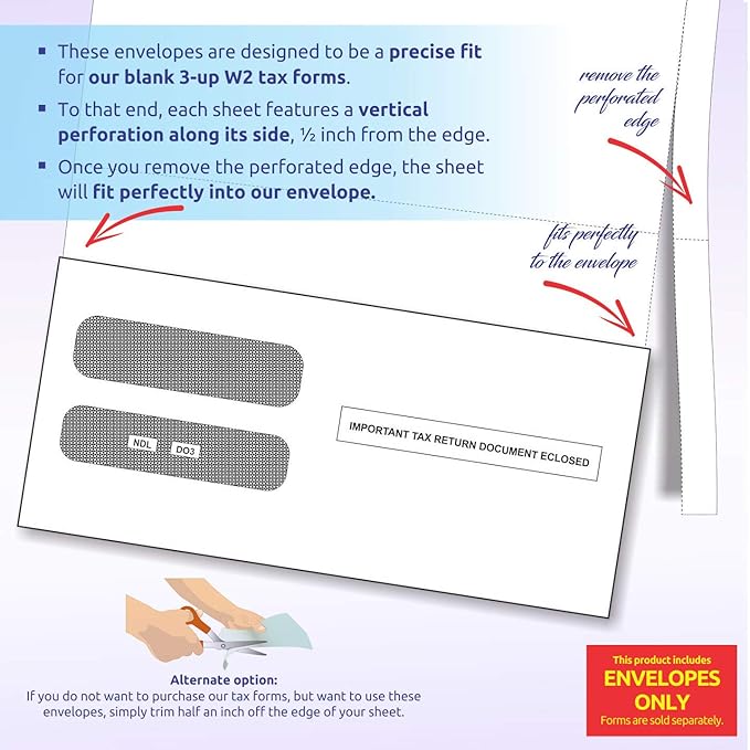 NextDayLabels - Envelopes, Designed to fit W-2 3-Up Employee Tax Forms, Horizontal Format (Pack of 500 Envelope)