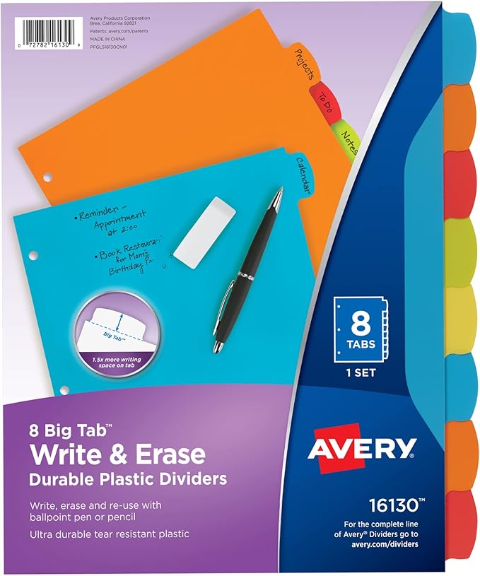 Avery Big Tab Write & Erase Durable Plastic Dividers for 3 Ring Binders, 8-Tab Sets, Bright Multicolor, 24 Sets, 192 Divider Tabs (16130)