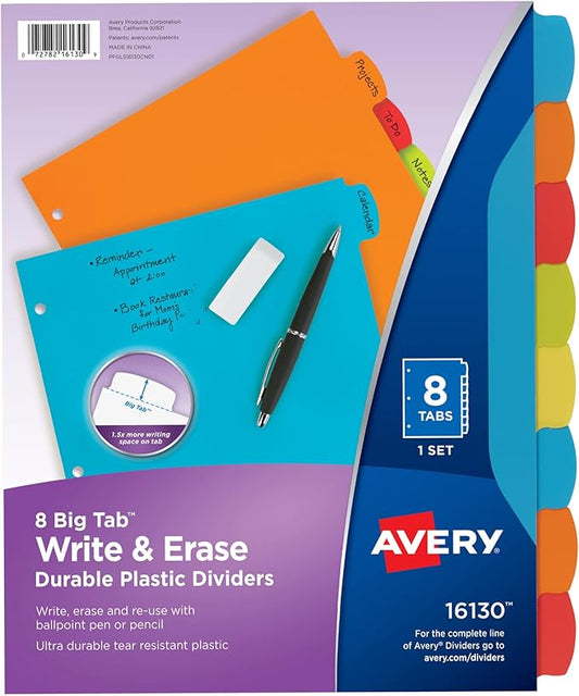 Avery Big Tab Write & Erase Durable Plastic Dividers for 3 Ring Binders, 8-Tab Sets, Bright Multicolor, 24 Sets, 192 Divider Tabs (16130)