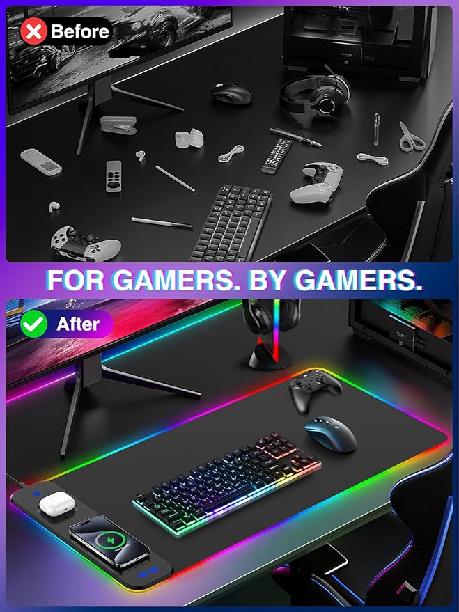 Magnetic RGB Gaming Mouse Pad 31.5x15.75 Inch, 15W Fast Wireless Charging Desk Mat, XXL Desk Pad with 11 RGB Lighting Modes, Home Office Large Keyboard Pad with Ultra-Smooth Surface, Non-Slip Base