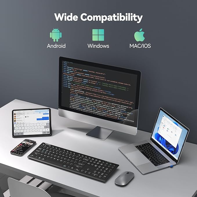 TECKNET Bluetooth Keyboard Rechargeable, 4-Device (2.4G+BT) Wireless Keyboard, Full Size Computer Keyboard with Stand, Ultra-Slim Quiet Typing, for PC/Laptop/Smart TV/Phone/Tablet, 12 Hotkeys