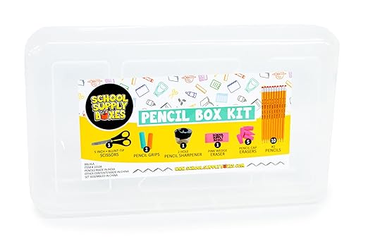 Back to School Supply Box (Case - 4 Boxes) - Grades K-5 Back to School Supplies - 32 Piece Kit Includes Markers, Crayons, Pencils, Scissors, Folders, Glue Sticks, Notebook, and Composition Book
