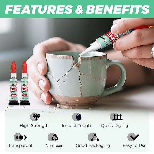 Super Glue Liquid&Gel, Instant Adhesive, Multipack Cyanoacrylate Strong Clear Glue for Shoe Sole Repair Ceramic Plastic Metal Wood Pottery Leather Aquarium Glass, Rubber, Strong Bonding