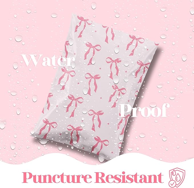 14.5x19 Designer Poly Mailer 100 Pack Heavy Duty Waterproof Self Seal Shipping Bags for Small Business Large Mailing Envelopes Bulk Tear Resistant Packaging Pink Bows Coquette