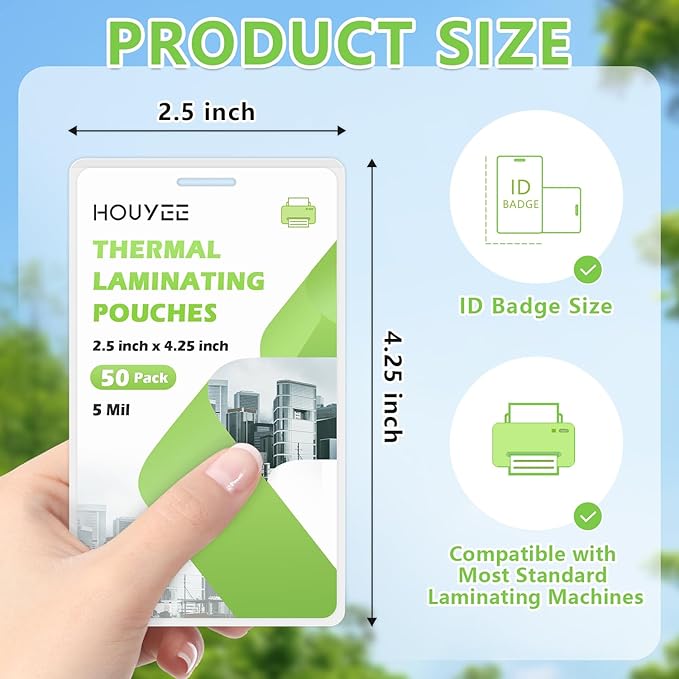 HOUYEE 50 Pack 5Mil Thermal Laminating Pouches, 2.5x4.25 Inches ID Badge Size Laminate Pouches with Hole, Ultra Clear Laminating Sheets HeatSeal Laminator Pouches for ID Cards, Name Tags, Office Use