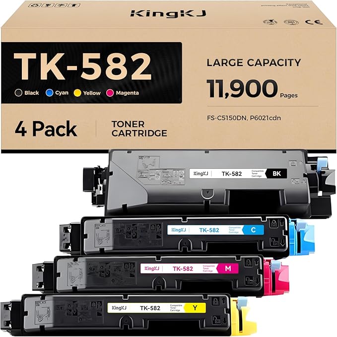TK-582 TK582 Toner Cartridge Set 4-Pack High Yield Replacement for Kyocera TK-582K TK-582M TK-582C TK-582Y Ink Compatible with Kyocera ECOSYS P6021cdn PRINTER FS-C5150DN Printer Copy Black Color Cyan