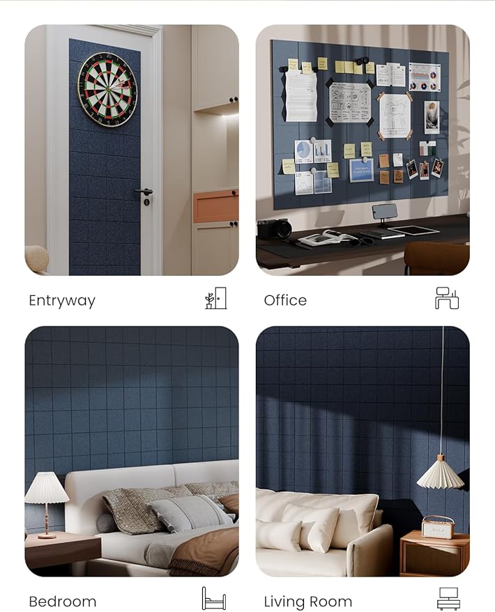 Bumusty Large Cork Board Alternative-47 x35 Felt Bulletin Board Tiles, with 30 Pushpins, 70 Adhesive Tabs, 12-Pack Slat Wall Paneling, Cork Boards for Office Push Pin Board Felt Board-Denim Blue