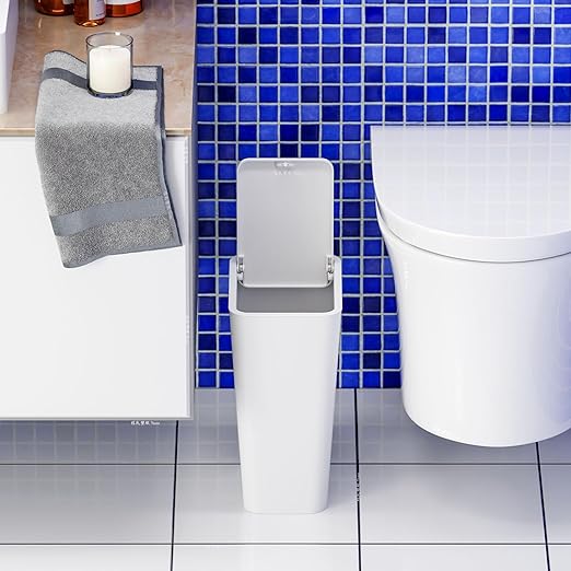 Yieach 12L White Slim Bathroom Trash Can with Lid,3.17 Gallon Pet/Dog Proof Kitchen Trash Can,Rectangle Thin Garbage Can,Covered Waste Basket,Narrow Small Plastic Trashcan for Room,Bedroom,Office,2PCS