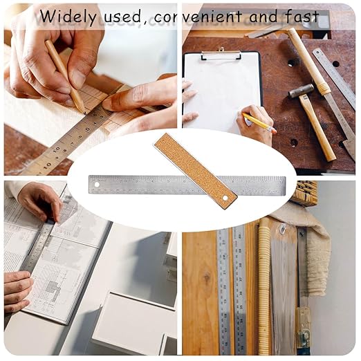 Metal Ruler 6 Inch 12 Inch Stainless Steel Metal Ruler with Cork Backing, Non-Slip Rulers with Inch and Centimeters, Straight Edge Cork Base Rulers for Student School Office Drafting Tools