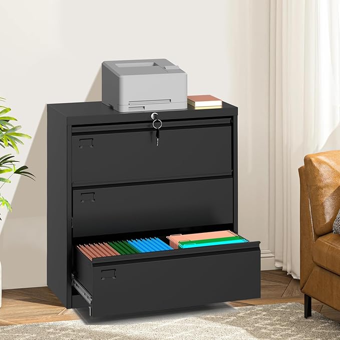 3 Drawer Lateral File Cabinet with Lock and Keys, Metal Lateral Filing Cabinet Storage, Fit Letter/Legal/A4 Size Documents, for Home Office Workspaces