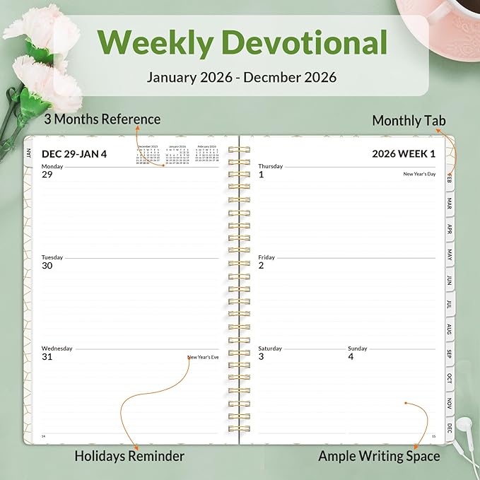 SUNEE Planner 2026 Weekly and Monthly, January 2026-December 2026, 6.4"x8.3", Tabs, Note Pages,Spiral Binding, Flora