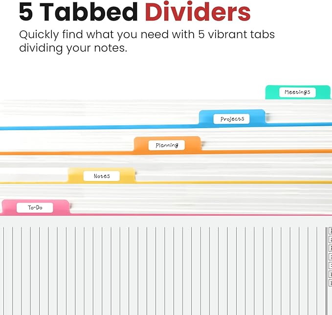 Hardcover Spiral Journal Notebooks for Work With Removable Dividers & Tabs, 8.5"x11" 5 Subject Notebook for Note Taking & Organizer, A4 College Ruled Lined Journal for Women & Writing, Black, 280 Pages