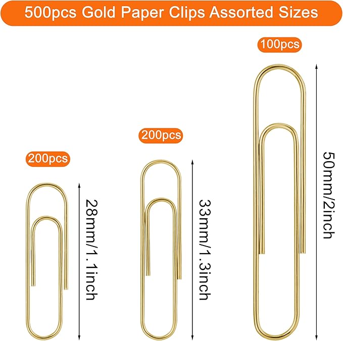 NEEWAY 500pcs Gold Paper Clips Assorted Sizes Small, Medium and Large Paperclips for Paperwork Ideal for Home, School and Office Use