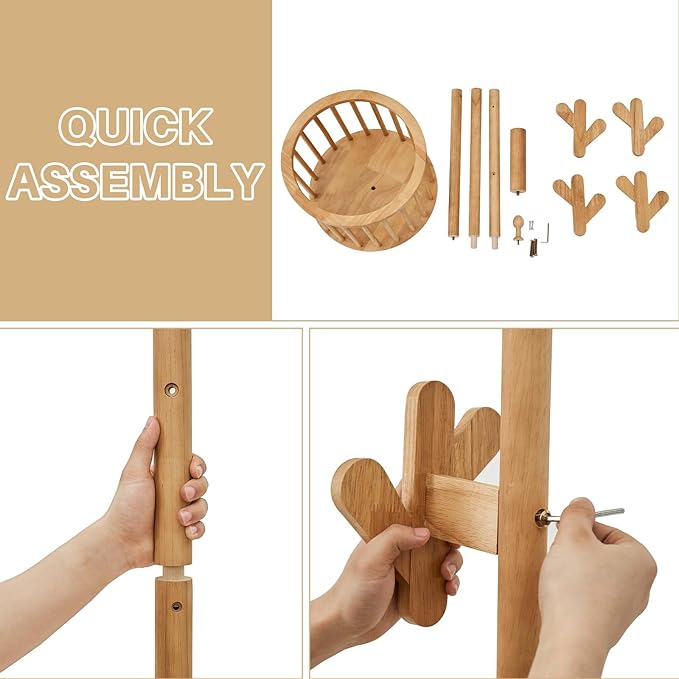 Uniclinens Solid Wood Coat Rack Freestanding with Umbrella Holder, Tree Coat Rack Stand with Lockable Universal Casters & 12 Hooks for Entryway Bedroom, Natural