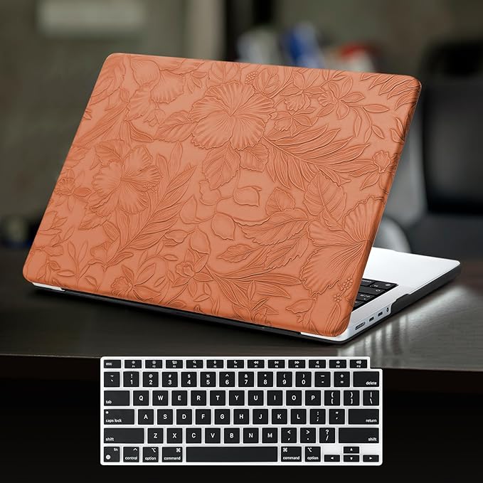 DTangLsm Compatible for MacBook Air 13 inch Case 2021 2020-2018 M1 A2337 A2179 A1932, Elegant Texture Leather Plastic Hard Shell Cover for MacBook Air 13.3 M1 Case+Keyboard Cover,Brown Embossed Floral