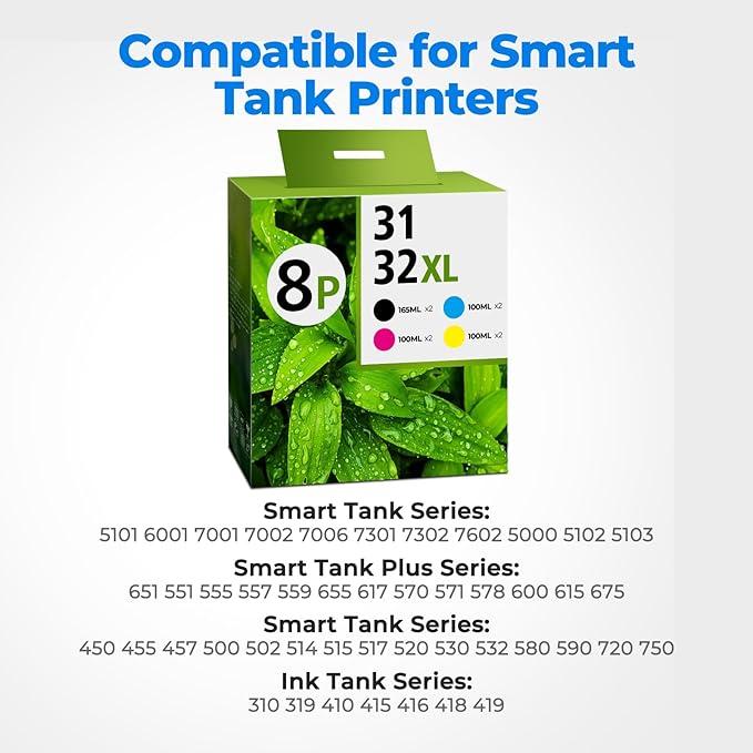 31 Ink Bottle Set, 32XL Black Ink Bottle Set Compatible with HP Smart Tank Ink 7602 5101 651 6001 5000 5103 7301 7001 7302 Printers, 31 32XL Black Ink for Smart Tank 551 5102 7002 7006, 8Pack
