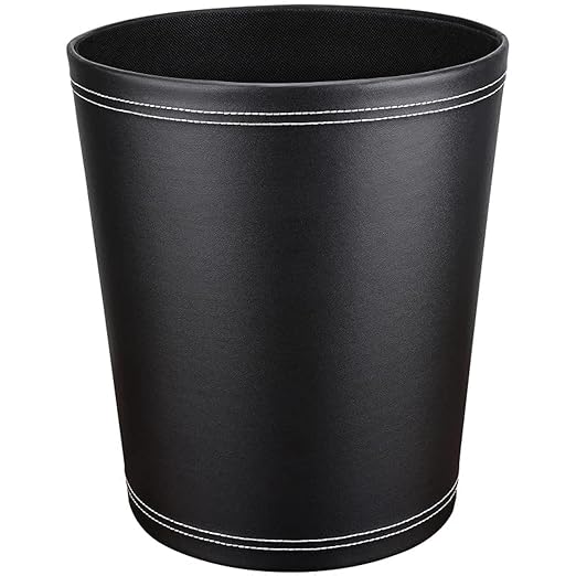 Pu Leather Trash Can, 2.6 Gallon Black Bathroom Trash Can, Small Office Garbage Can Wastebasket for Bedroom, Kitchen, Round Trash Bin Decorative Under-Sink/Desk/Home Easy to Clean