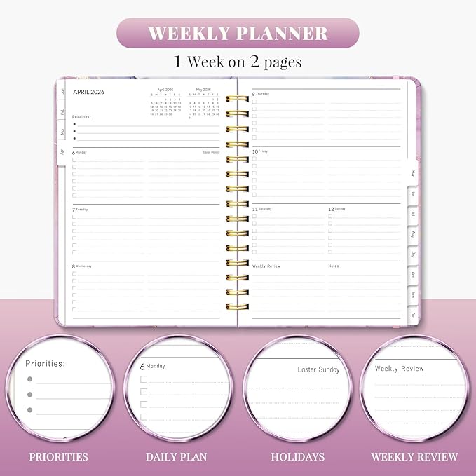 2026 Planner, A5 Weekly and Monthly Planners with Tabs, Spiral Bound Daily Calendar 2026 Planner, Agenda Organizers from Jan. to Dec., Hardcover Habit Tracker Journal 6.18" x 8.5"(Light Purple)