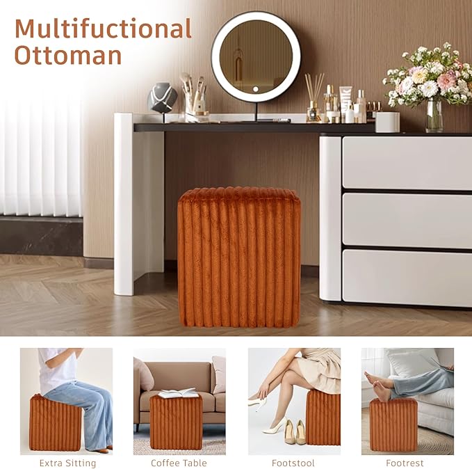Modern Square Ottoman 2Pcs, Vertical Channel Tufted Foot Stool Ottoman, Velvet Upholstered Vanity Stool for Makeup, Bedroom, Living Room, Dark Orange