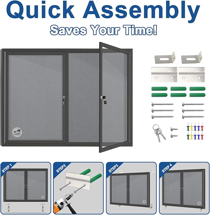 Weatherproof Enclosed Bulletin Board 44x32 Inch, Lockable Wall-Mounted Outdoor Grey Felt Noticeboard, Aluminum Frame Weather-Resistant Display Case for Office, School, Community