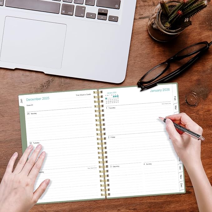 2026 Planner - Planner 2026 from January 2026 - December 2026, Weekly & Monthly Planner Spiral Bound with 12 Monthly Tabs, Inner Pocket, 6.4" x 8.5", Green-E