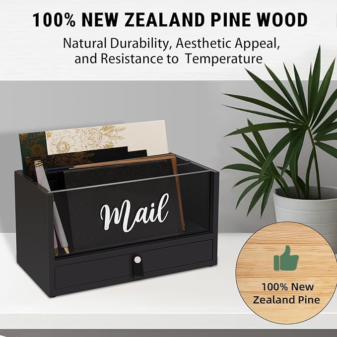 Two-Layer Solid Wooden Mail Storage Organizer Holder with Clear Acrylic Top and Bottom Drawer, Leather Handle, Keeping Mail, Bills, Letters, Cards and Office Supplies in One Place, Home Decor Gifts