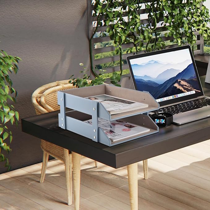 Leather Desk Letter Tray,Office Supplies Paper Organizer for Mail Paper Files Magazines Jewelry Cosmetics,Fashion Letter Holder& 2-Tier Multipurpos Stackable Office Desktop Storage Box,Grey