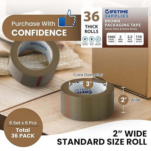 36 Rolls [Upgraded] 2" Brown Premium Packing Tape, 110 Yards, 2.2 mil, Heavy Duty Packaging Tape for Shipping, Moving, Sealing - Stronger & Thicker