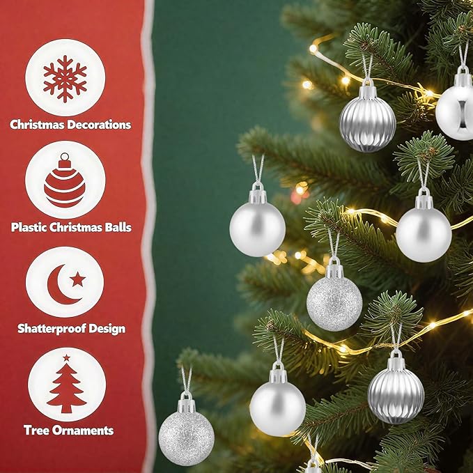 Set of 24 Small Silver Christmas Ornaments Balls for Christmas Tree, 1.2 inch Mini Silver Ornaments for Mini Tree, Plastic Shatterproof Hanging Bulbs Xmas Valentine Party Indoor Outdoor Decorations