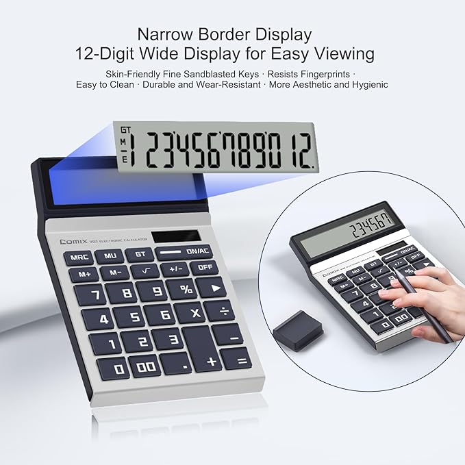 Comix Desk Calculator with 12 Digits Large LCD Display, Solar Battery Dual Power, Big Button Basic Calculator for Home Office School