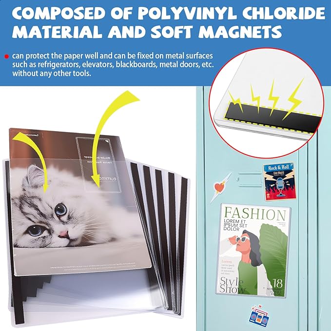 6 Pack 8.5'' x 11'' Rigid Magnetic Paper Holders, Hard Plastic Letter Size Clear View Page Sleeves Protectors Document Frames Reusable Magnetic Sign Holder for Home Office Store Displays