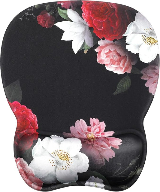 MROCO Ergonomic Mouse Pad with Gel Wrist Rest, Comfortable Mousepad with Smooth Wrist Support Surface and Non-Slip PU Base for Pain Relief, Computer, Laptop, Office & Home, 9.4 x 8.1 in, Black Flower