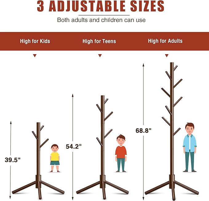 Wooden Coat Rack, Free Standing Coat Rack with 8 Hooks 3 Adjustable Heights for Clothes, Hats, Handbags, Coat Tree Easy Assembly for Entryway, Bedroom, Hallway, Office(2PCS)