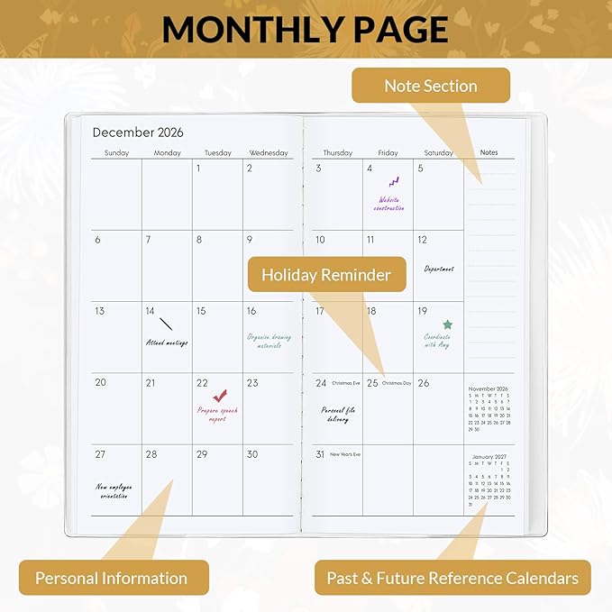 Pocket Calendar 2026-2027, Black 2026-2027 Monthly Planner - 3.7" x 6.7" - Runs from September 2025 Until December 2027, 2026 Pocket Planner with PVC Cover for Home, School, Office Supplies