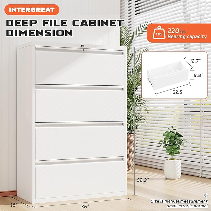 INTERGREAT 4 Drawer File Cabinet, White Lateral File Cabinet with Lock, 36" W Metal Office Filing Cabinet with Adjustable Frame for Legal, Letter, A4 Files